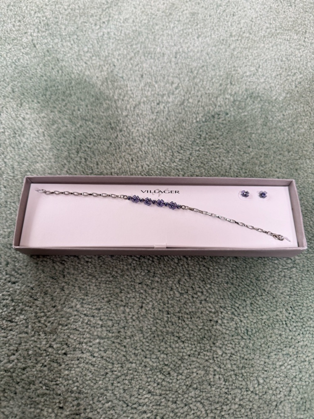 villager Silver Bracelet with Purple Crystal Accents and Matching Studs